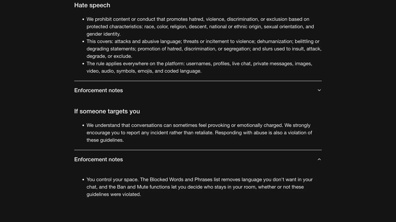 Stripchat Community Guidelines explaining harassment reporting and room moderation through blocked words, Ban and Mute
