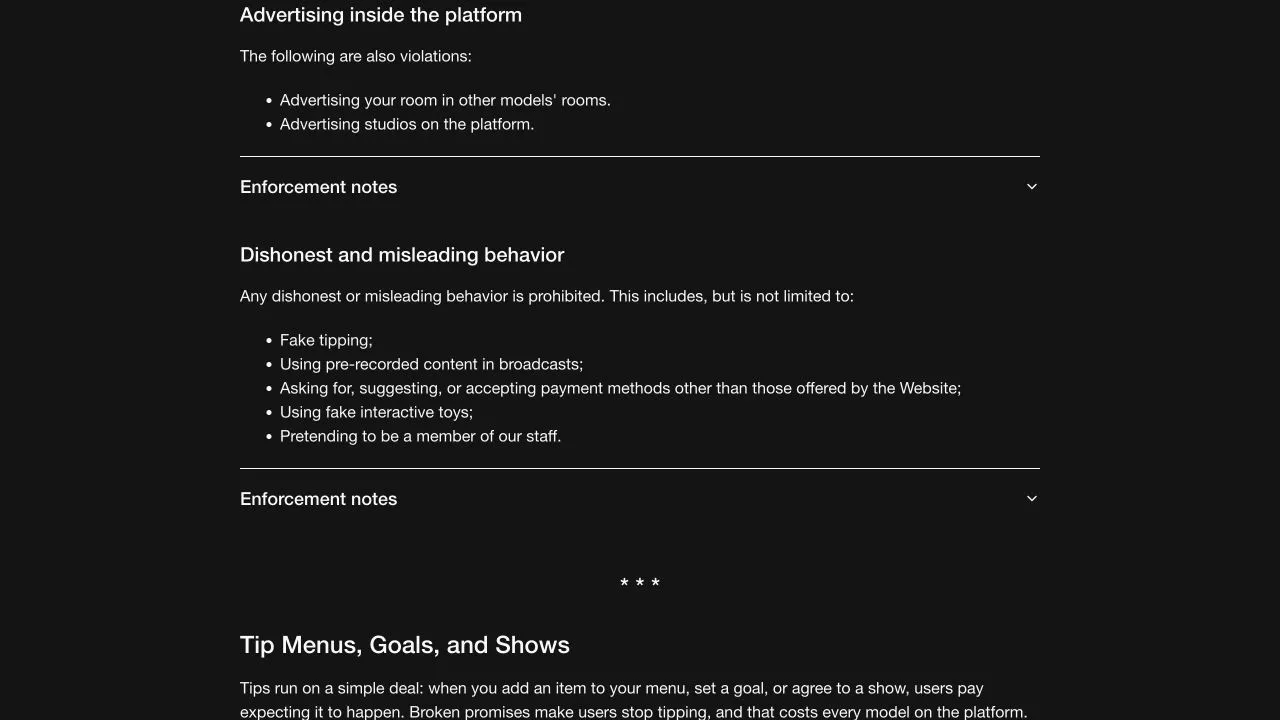 Stripchat Community Guidelines listing dishonest behaviour, payments outside the website and pretending to be a staff member as violations