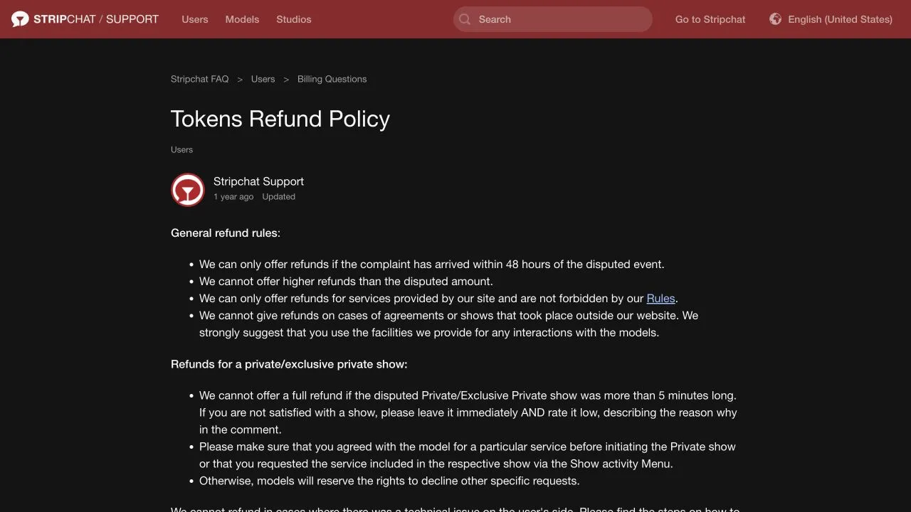 Stripchat Tokens Refund Policy showing the 48-hour complaint window, disputed-amount limit, on-site-service requirements and private-show conditions