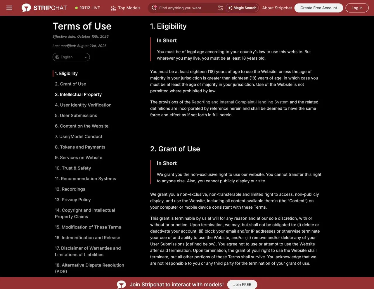 Stripchat terms of use showing eligibility requirements on age and use in jurisdictions where access is unlawful