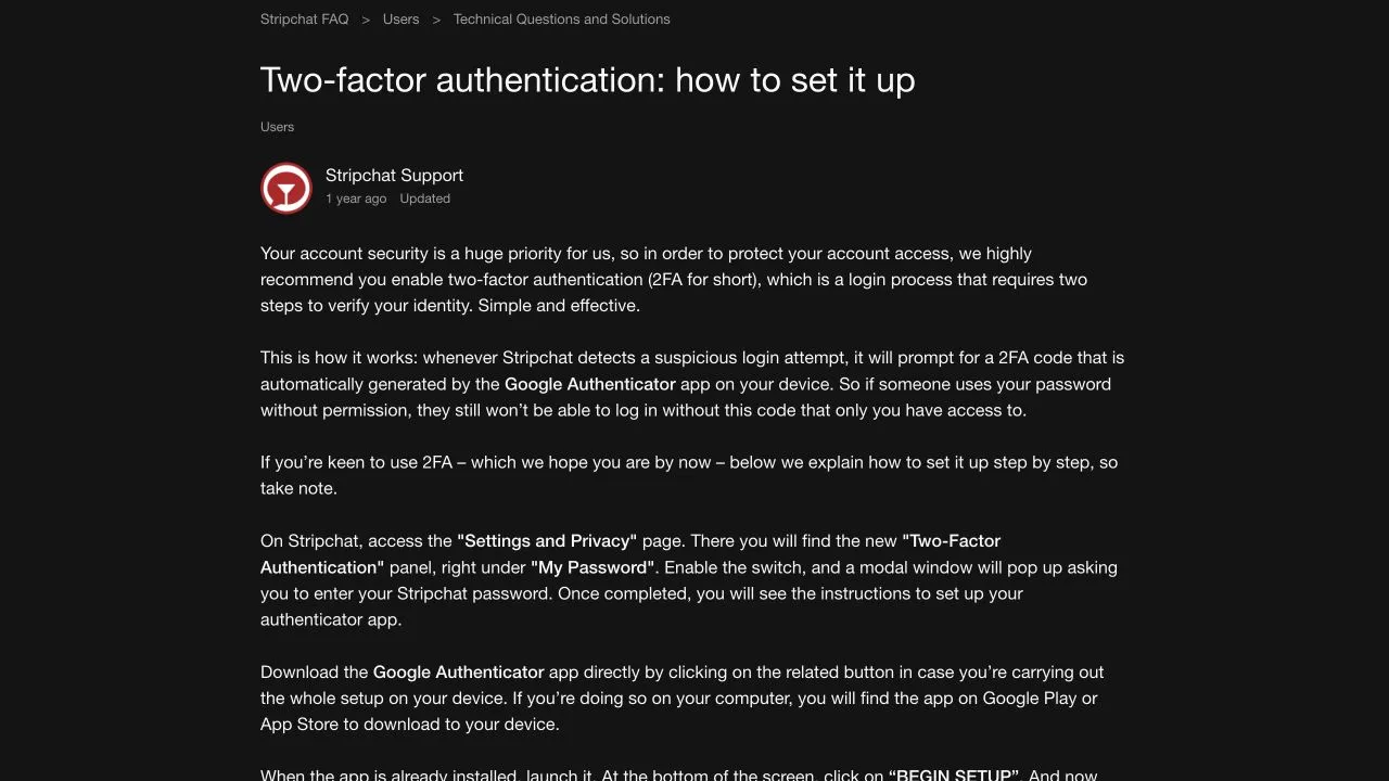 Stripchat help describing suspicious-login authentication codes and the Two-Factor Authentication panel in Settings and Privacy