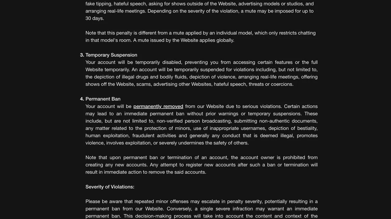 Stripchat Rules and Penalties explaining global mutes, temporary suspension, permanent bans and the prohibition on new accounts after termination