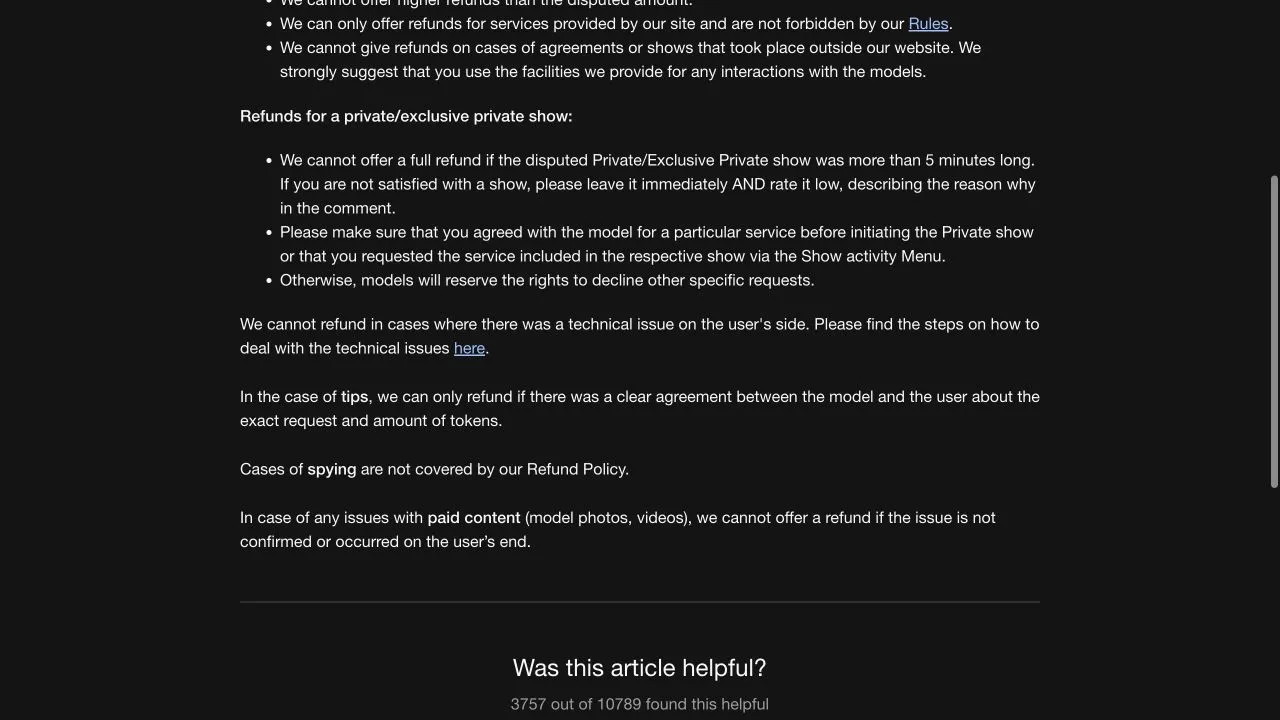 Stripchat refund-policy conditions covering user-side technical issues, tips with a clear agreement, exclusion of spying and confirmed paid-content problems
