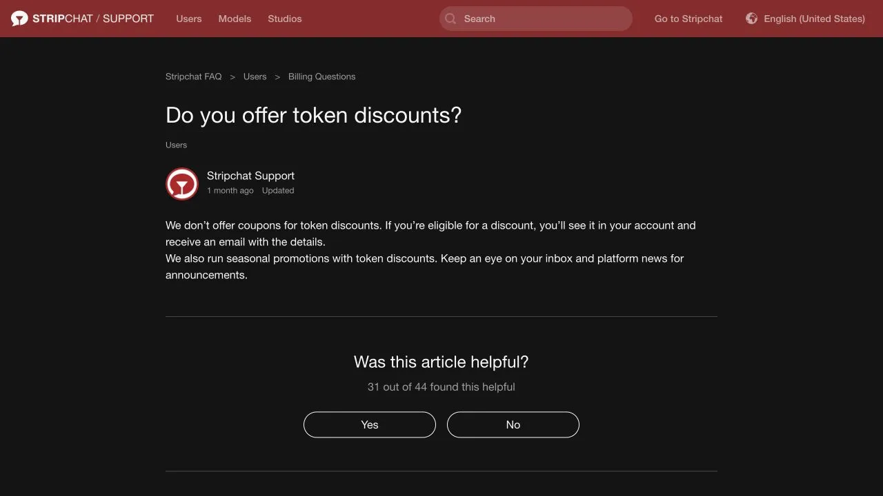 Stripchat discount help page stating that token-discount coupons are not offered and eligible discounts are shown in the account