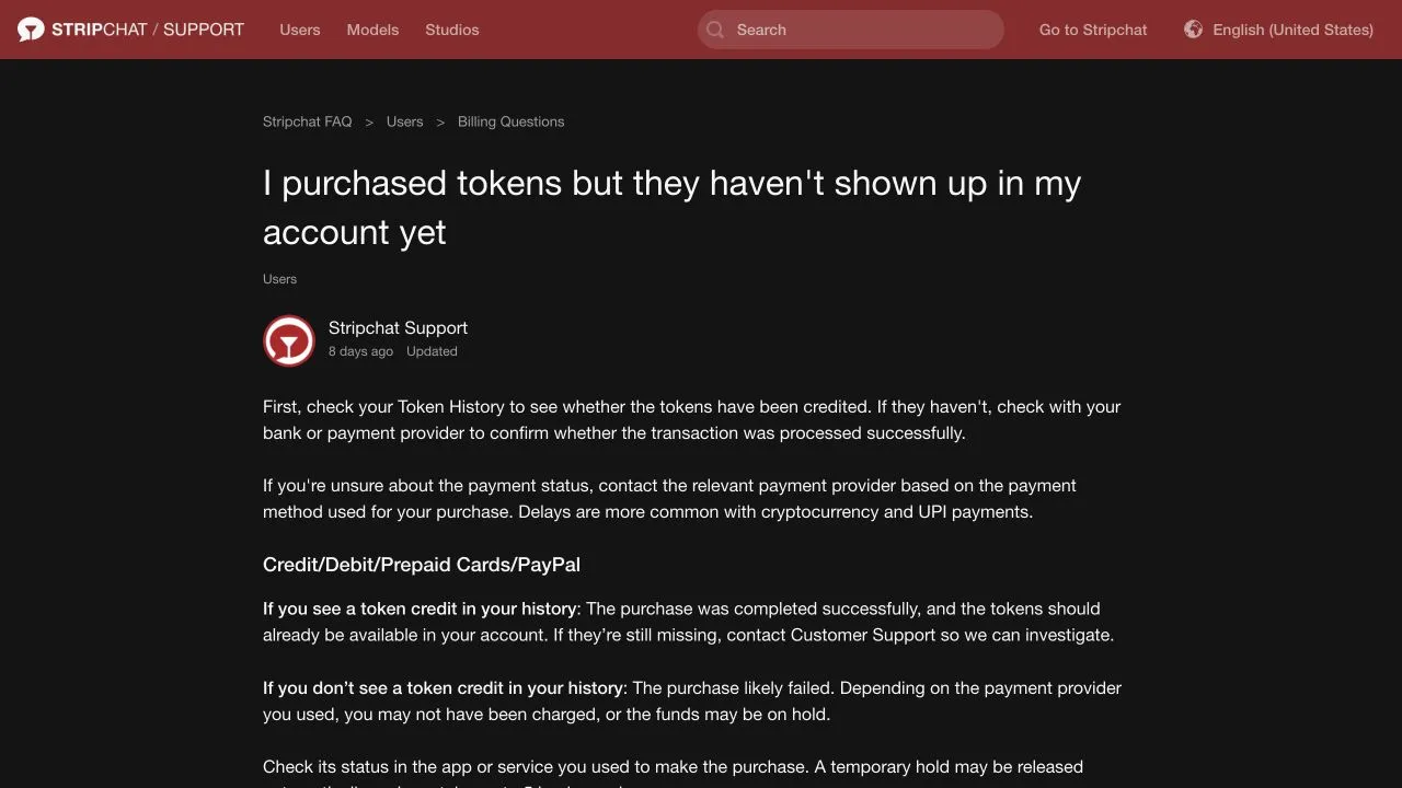 Stripchat support guidance explaining how to compare Token History credits with the bank or payment provider's transaction status