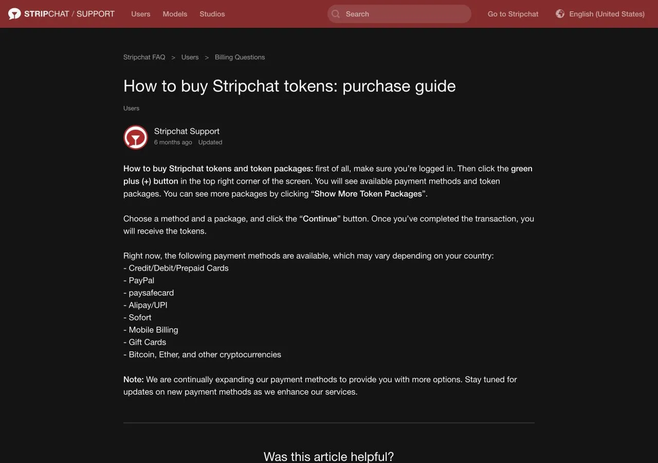 Stripchat's official token purchase guide listing payment methods including Alipay/UPI with a country-availability caveat