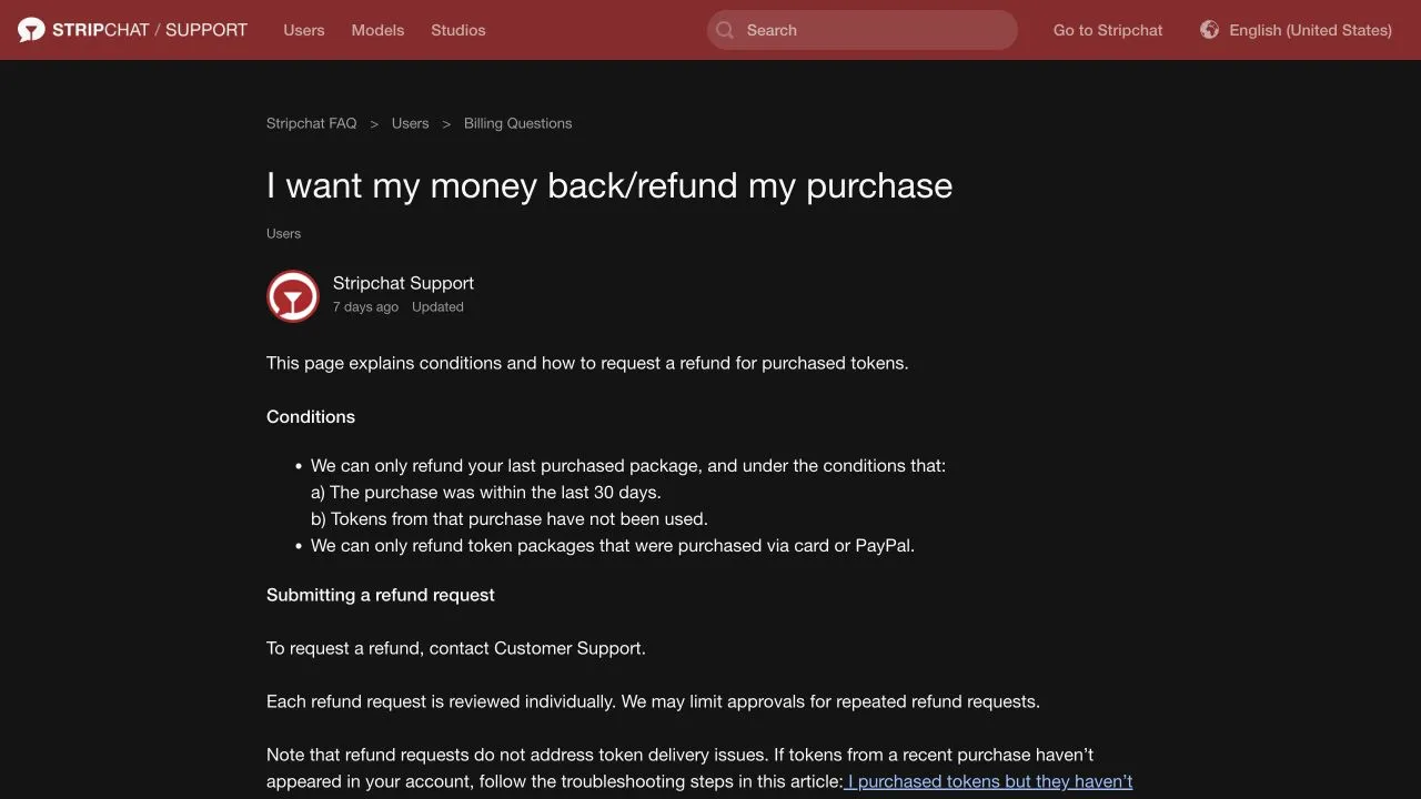 Stripchat purchase-refund article listing the last package, 30-day, unused-token and card or PayPal conditions and individual support review