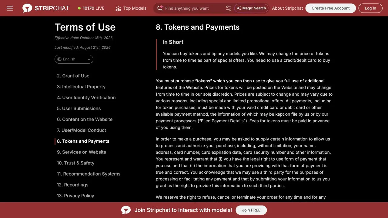 Stripchat Terms of Use showing token purchases, changing package prices and the full clause allowing cards or other available payment methods