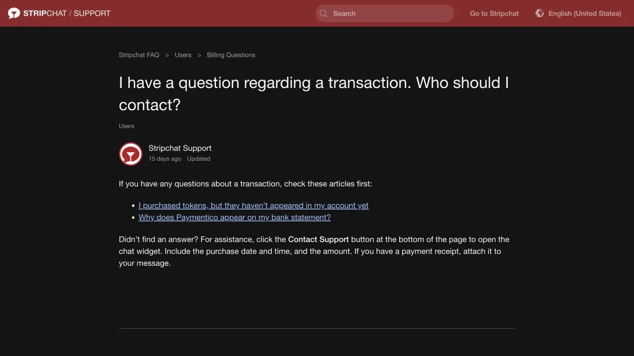 Stripchat transaction-support guidance asking for the purchase date, time, amount and receipt when available