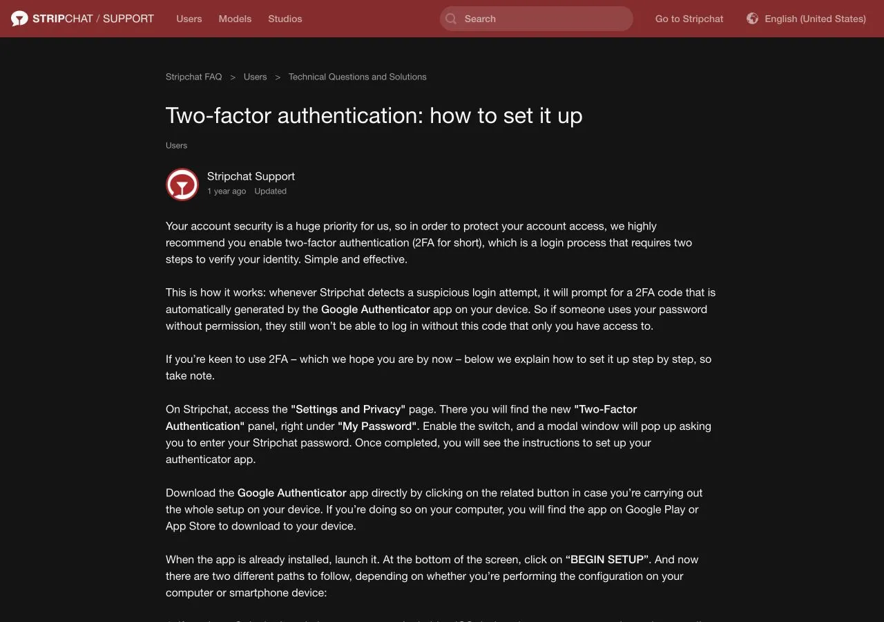 Official Stripchat two-factor authentication help page explaining authenticator codes and the Settings and Privacy panel