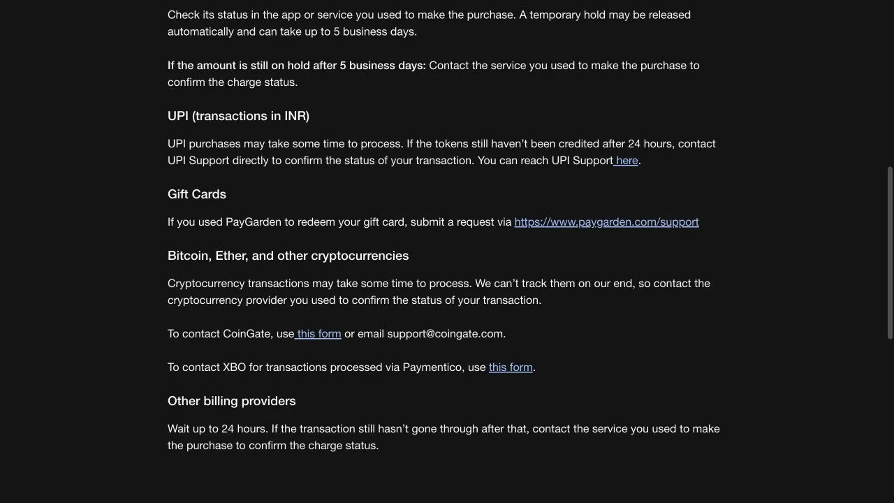 Stripchat missing-token guidance showing UPI in INR, PayGarden gift cards, cryptocurrency providers and other billing-support routes