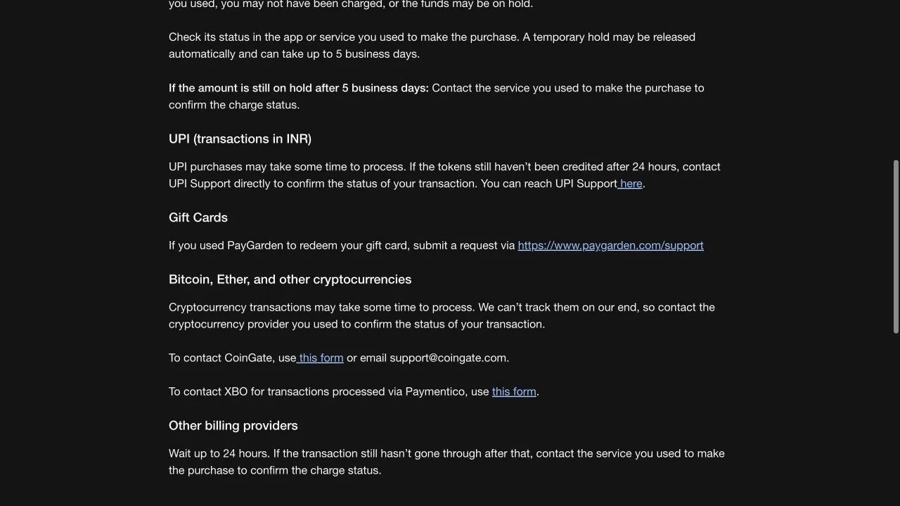 Stripchat's method-specific instructions showing UPI follow-up after 24 hours, PayGarden gift-card support, cryptocurrency provider contacts and other billing-provider guidance